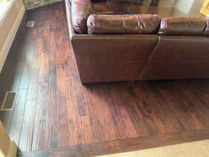 Living room with dark wood-style flooring