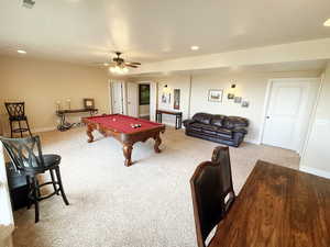 Rec room featuring light colored carpet, recessed lighting, billiards, and ceiling fan