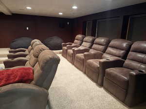 Home theater room featuring light colored carpet and recessed lighting