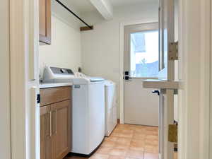 Laundry area featuring custom cabinetry, Dutch door, and a door leading to the exterior.