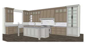 Kitchen featuring glass insert cabinets, extractor fan, high end stainless steel range oven, an island with sink, and backsplash