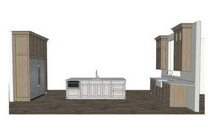 Kitchen featuring dark wood-type flooring, a center island with sink, and stainless steel built in fridge