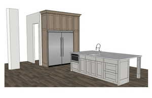 Kitchen with built in refrigerator, dark wood-style flooring, a breakfast bar, a kitchen island with sink, and stainless steel microwave