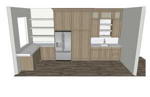 Kitchen with high quality fridge, light countertops, dark wood-style flooring, and brown cabinetry