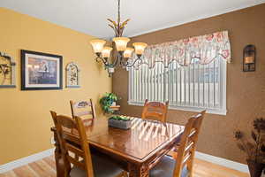 Dining room with a textured wall, light wood-type flooring, and a chandelier