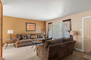 Living area with a textured ceiling, carpet, and a textured wall