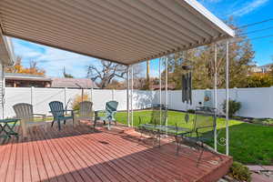Wooden deck with a fenced backyard