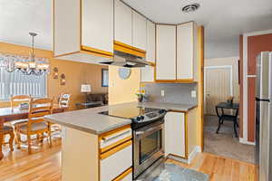 Kitchen with appliances with stainless steel finishes, light wood-style flooring, a chandelier, decorative backsplash, and hanging light fixtures