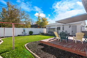 Fenced backyard featuring a wooden deck