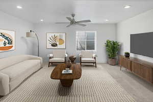 Living room featuring light carpet, ceiling fan, and recessed lighting