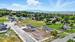 Aerial view of residential area with mountains