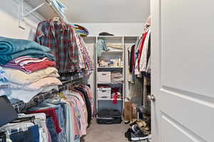 Walk in closet featuring light carpet