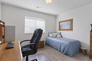 Bedroom featuring carpet floors and an office area