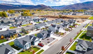 Aerial view of residential area with mountains