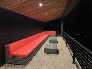 Home theater room featuring a sauna, recessed lighting, vaulted ceiling, and wooden ceiling