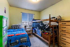 Bedroom with light colored carpet and a textured ceiling