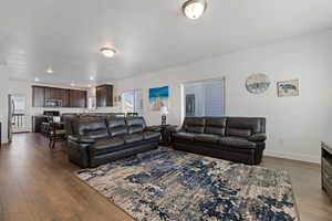 Living room with baseboards and dark wood-type flooring