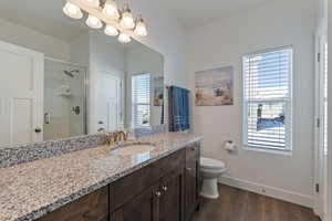 Full bath featuring vanity, dark wood-style flooring, and a stall shower