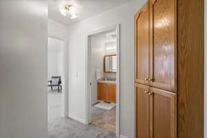 Hall with light carpet and baseboards