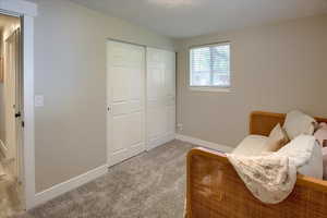 Living area featuring light colored carpet and a textured ceiling