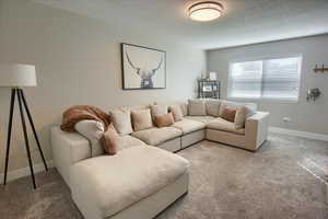Living area featuring carpet floors and a textured ceiling