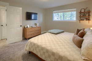 Bedroom featuring light colored carpet and baseboards