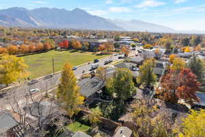 Aerial view of residential area with a mountainous background