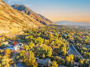Aerial view at dusk of a mountain view