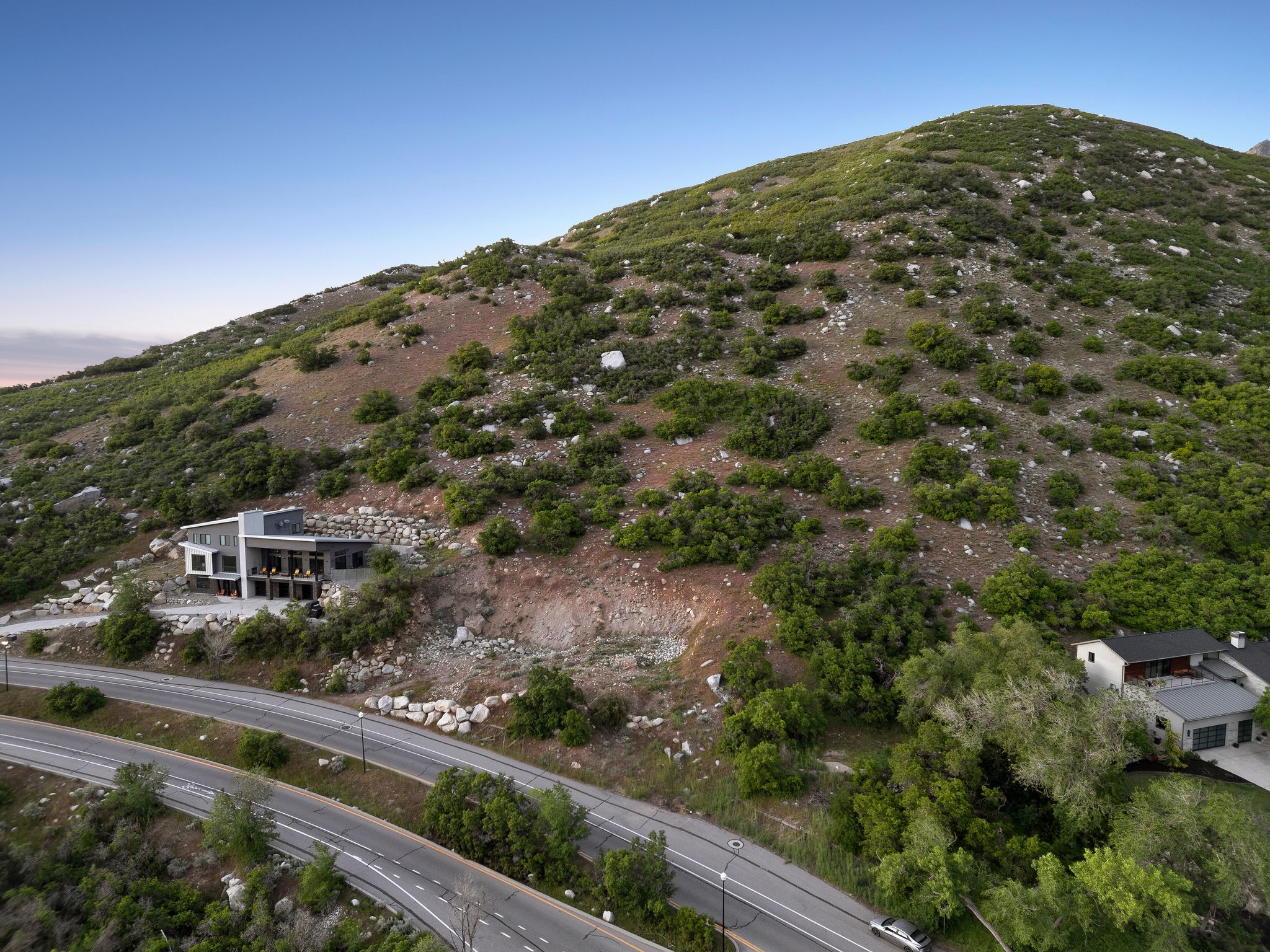 Drone / aerial view of a mountainous background