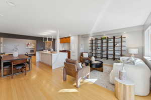 Living room featuring light wood-type flooring and recessed lighting