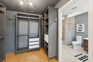 Spacious closet featuring light wood-style flooring