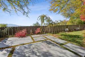 Fenced backyard with a patio area