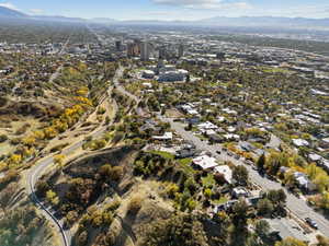 Aerial overview of property's location with a mountainous background