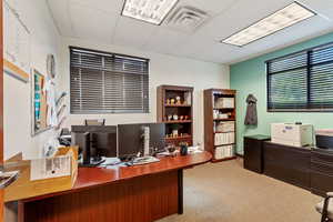 Office featuring light colored carpet and a paneled ceiling