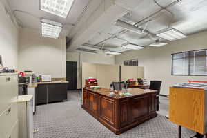 Home office with light colored carpet