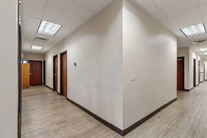 Corridor with a paneled ceiling and light wood-style floors