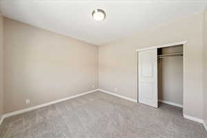 Unfurnished bedroom featuring light carpet and a closet