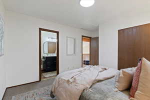 Bedroom featuring a closet, carpet, attic access, and ensuite bath