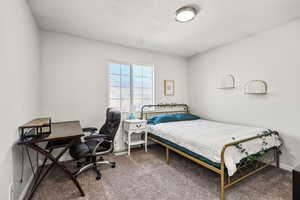 Carpeted bedroom with a desk and a textured ceiling