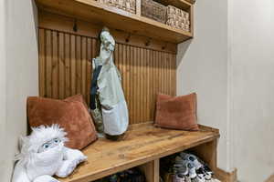 Mudroom featuring wood walls
