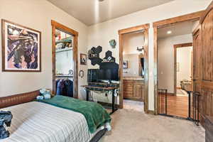 Bedroom with light colored carpet, a closet, and ensuite bathroom