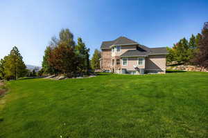 Back of house with a large yard