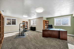 Carpeted bedroom being used as an office with baseboards and a textured ceiling
