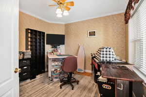 Office with crown molding, wood finished floors, wallpapered walls, and ceiling fan