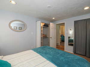 Bedroom featuring a walk in closet, carpet flooring, and recessed lighting