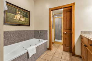Full bath with a jetted tub, light tile patterned floors, a shower stall, and vanity