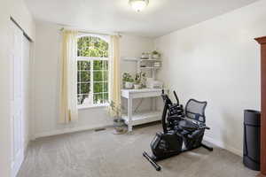 Exercise room with light carpet and baseboards