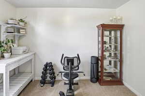Exercise room with light colored carpet and baseboards