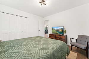 Bedroom featuring dark wood finished floors and a closet