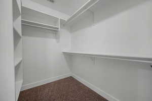Walk in closet featuring dark colored carpet